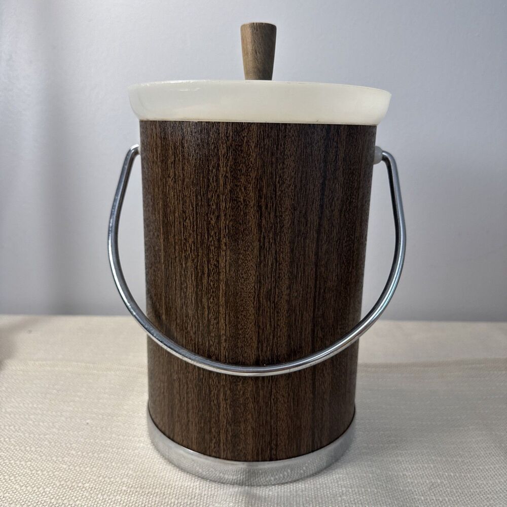 Kromex Mid Century Modern Ice Bucket Wood Grain Chrome Vintage 1960s USA